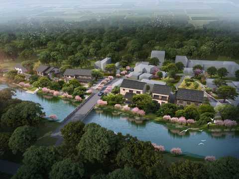  度假山庄鸟瞰PSD 