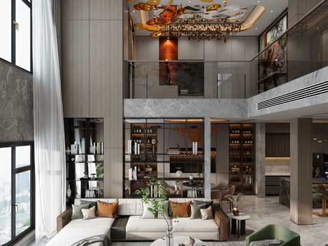  现代轻奢别墅客餐厅3d模型 