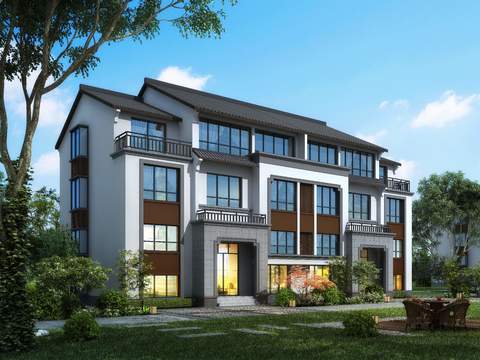  新中式别墅外观psd 