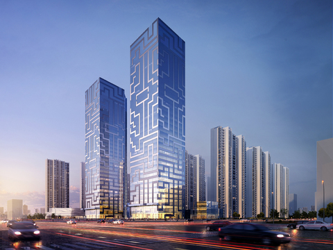  现代高层办公楼外观夜景psd 