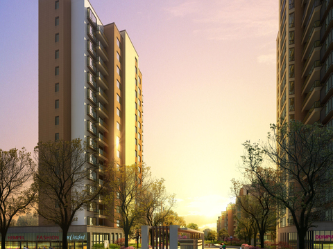  现代高层住宅楼外观psd 