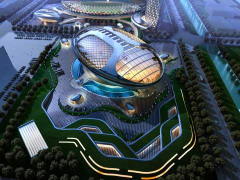  现代异形办公楼外观鸟瞰夜景psd 