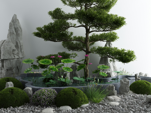  新中式假山荷花池水景3d模型 