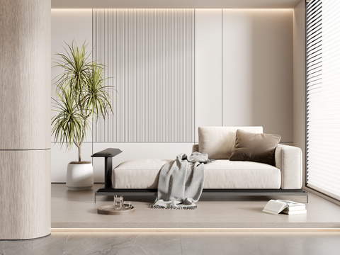  贵妃椅3d模型下载 美人榻 现代客厅沙发 极简设计 自然光植物装饰 