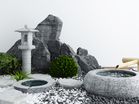  新中式庭院假山水井景观小品3d模型 