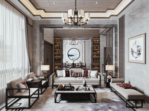  新中式别墅客厅餐厅3d模型 