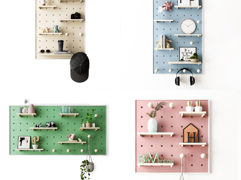  北欧墙上置物架洞洞板壁柜3d模型下载 现代简约装饰收纳架 多色清新家居墙挂式架子 