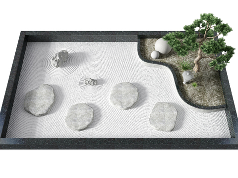  新中式石头松树小品3d模型 