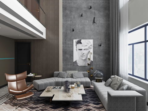  现代别墅客厅餐厅3d模型 