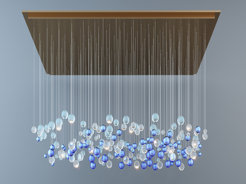  现代简约水晶吊灯装饰设计3d模型下载 透明线悬挂蓝白球体室内装饰灯 金属框架优雅氛围灯饰 