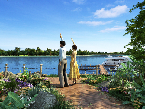  现代湖畔码头景观3d模型 