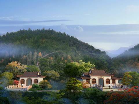  新中式山间园林景观psd 