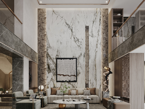  现代轻奢别墅客餐厅3d模型 