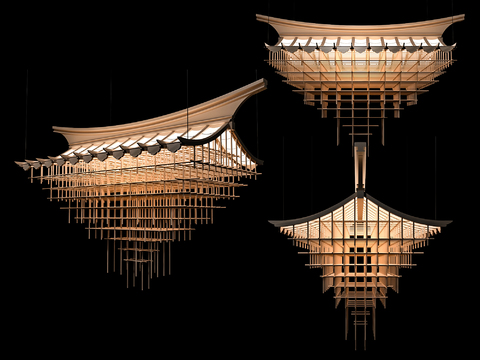  新中式木艺吊灯现代设计传统屋檐多层室内装饰灯具3d模型下载 