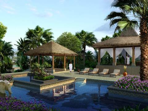  新中式公园游泳池景观psd 