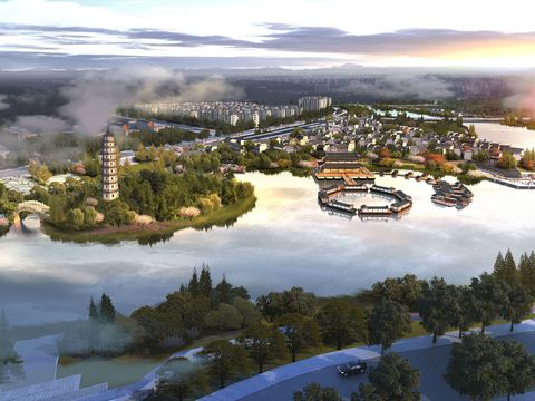  中式湿地园林鸟瞰psd 