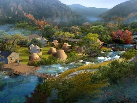  中式农村茅草屋园林景观psd 