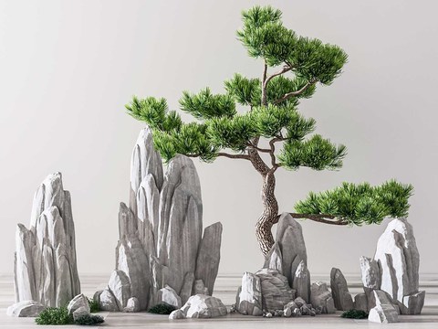  现代假山松树石头园艺小品3d模型 