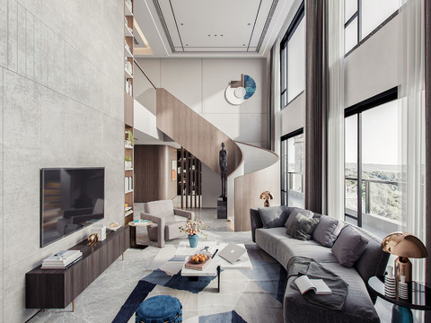  现代别墅大堂餐厅3d模型 