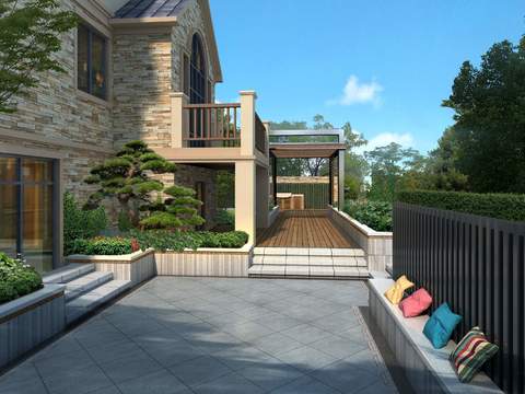  新中式庭院花园景观psd 