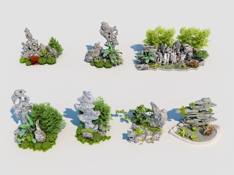  新中式假山园林景观3d模型 