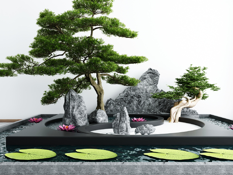  新中式松树山石荷花水景3d模型 
