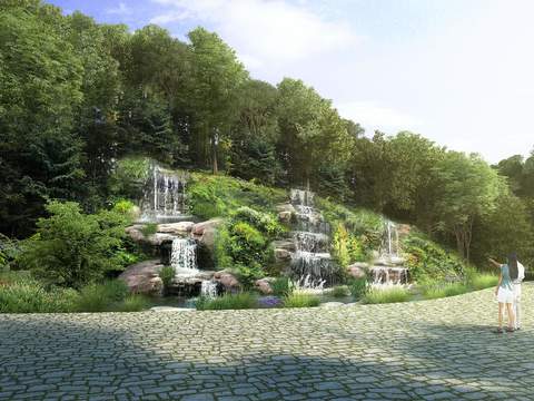  现代山间植物堆假石流水psd 