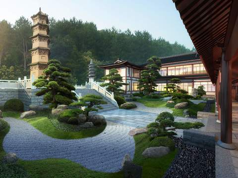  中式古塔假石绿植造景psd 