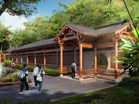  中式古建长廊外观psd 