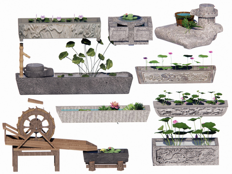  中式马槽 石槽 水槽 磨盘 水车3d模型 