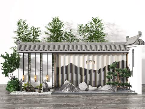  新中式围墙假山园艺小品3d模型 