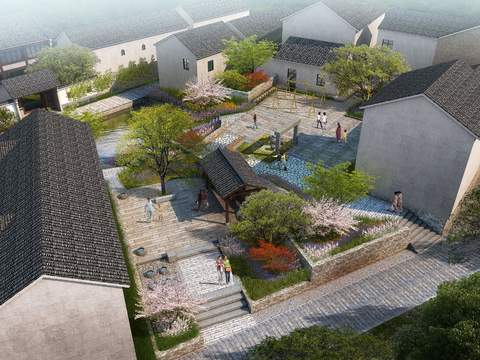  新中式园林鸟瞰景观psd 