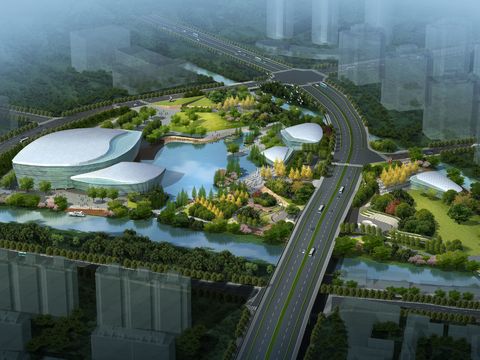  现代公路桥梁公园鸟瞰psd 