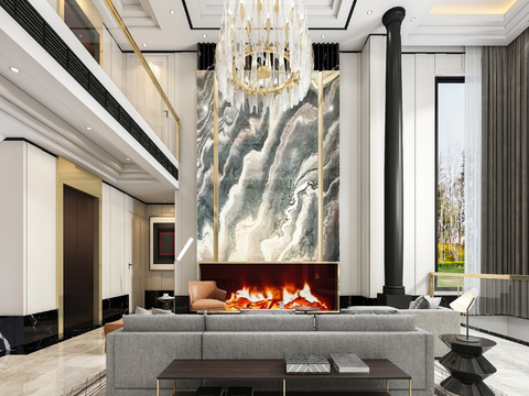  现代挑空别墅客厅3d模型 