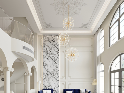  法式轻奢别墅客厅餐厅3d模型 