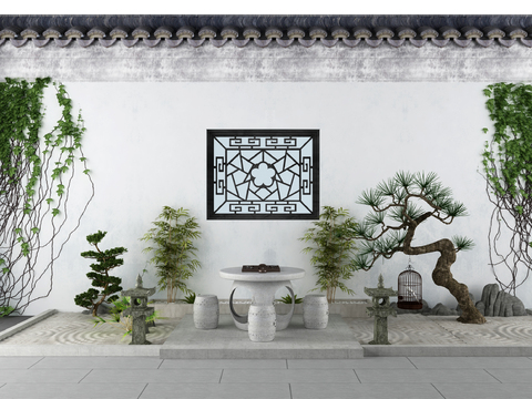  中式景观松树假山园艺小品3D模型 