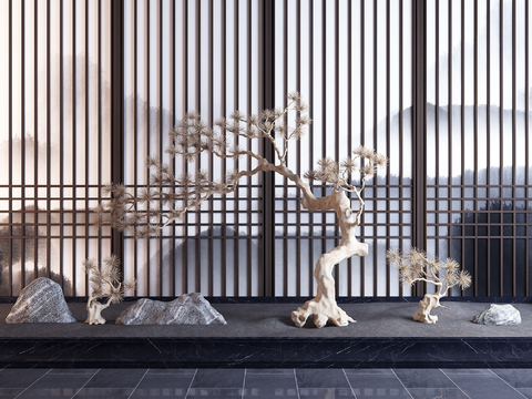  新中式假山松树园艺小品3d模型 