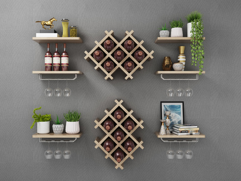  现代原木酒架置物架3d模型下载 墙面装饰架免打孔 对称设计家居装饰品 