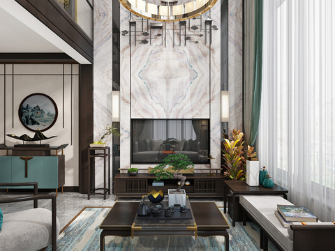  新中式别墅客厅3d模型 