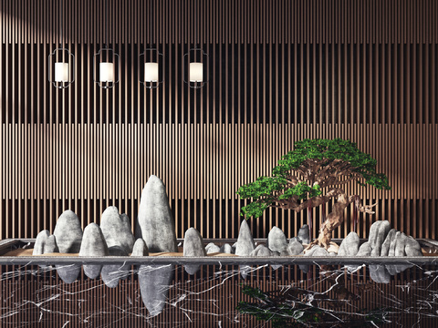  新中式松树山石景观小品3d模型 