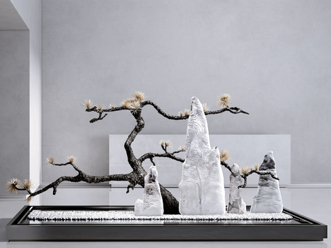  新中式松树假山小品3d模型 