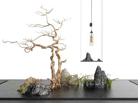  新中式枯树假山园艺小品3d模型 