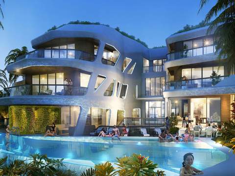  现代酒店游泳池夜景psd 