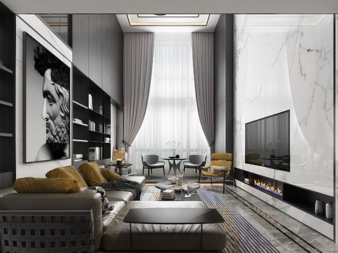  现代高级灰别墅客厅餐厅厨房卧室3d模型 