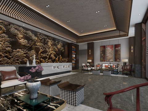  新中式茶楼前台接待大厅3d模型 