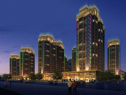  现代住宅楼外观夜景psd 