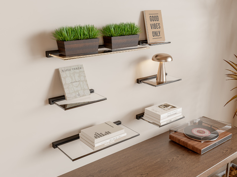  现代极简金属玻璃墙面架3d模型下载 客厅绿植书籍装饰架 壁挂置物架 