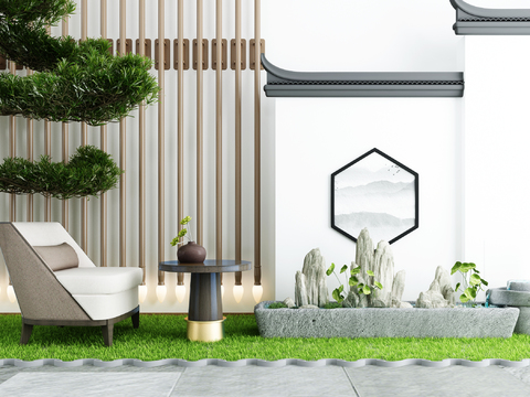  新中式松树假山流水景观小品3d模型 