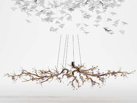 现代艺术树枝蝴蝶吊灯3d模型下载 创意装饰灯饰 自然风格客厅灯具 
