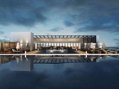  现代豪华别墅露台泳池3d模型 